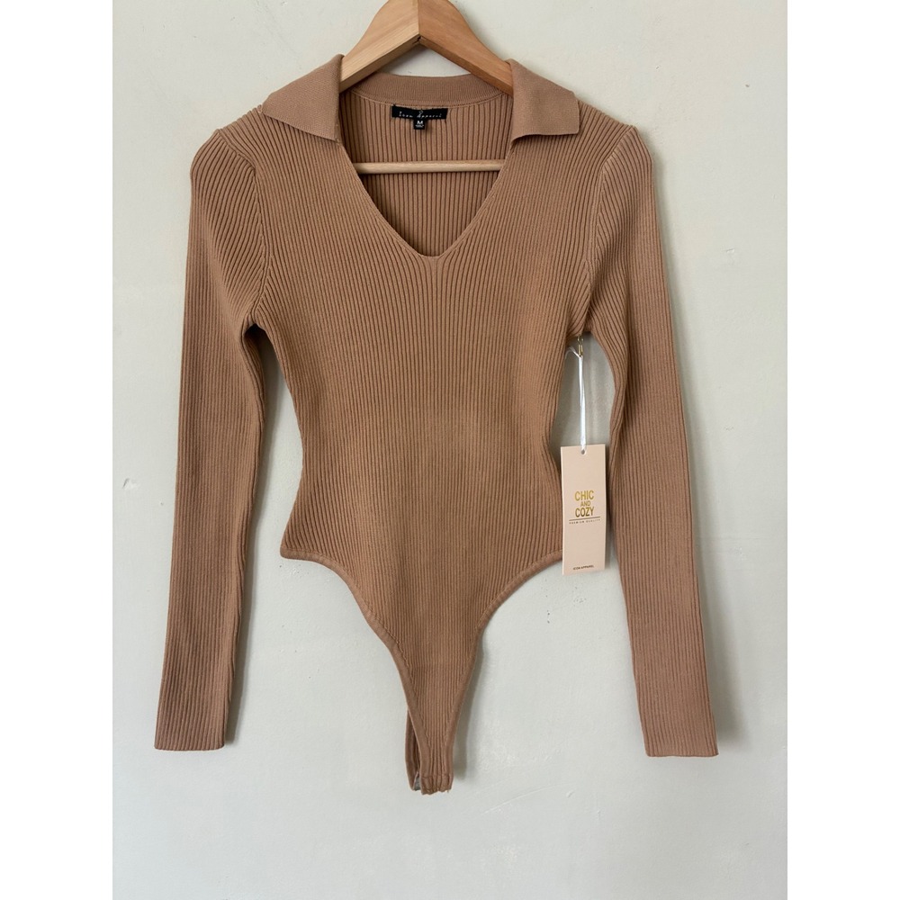 Icon Apparel Tan Ribbed Knit Long Sleeve Collared V-Neck Bodysuit NWT Size M